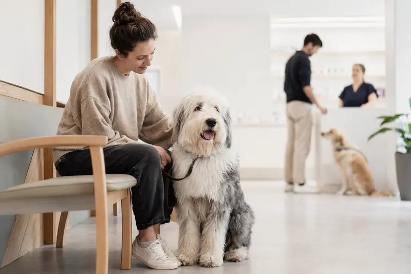 Ein Old English Sheepdog sitzt ruhig neben seinem Besitzer im hellen Wartezimmer einer modernen Tierarztpraxis.